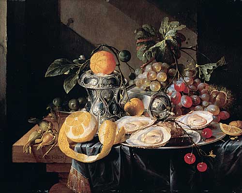 Натюрморт с устрицами, лимонами и виноградом